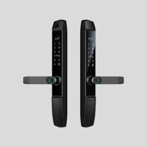 Double keypad door lock for outdoor gate with fingerprint, PIN, RFID, and weatherproof construction