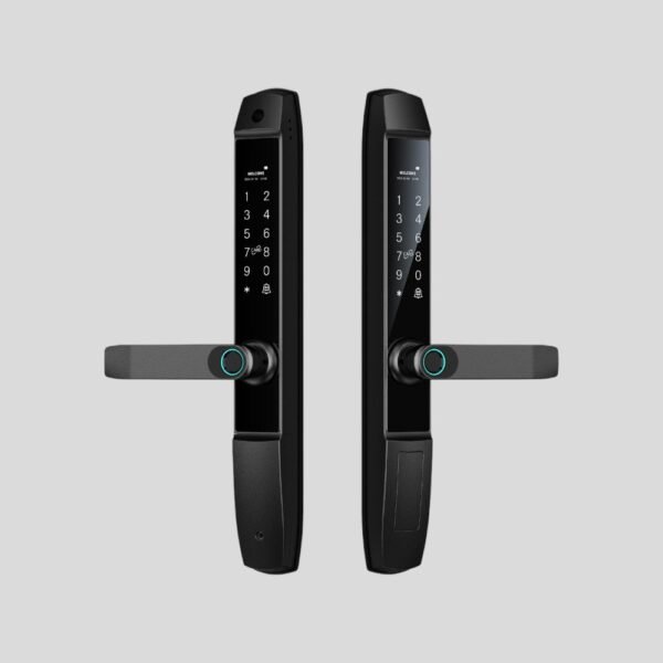 Double keypad door lock for outdoor gate with fingerprint, PIN, RFID, and weatherproof construction