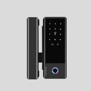 Frameless glass door smart lock with fingerprint, keypad, and Tuya app