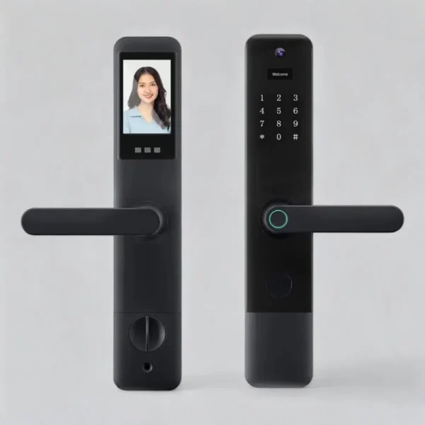 X2 fingerprint smart door lock with built-in HD camera, biometric fingerprint scanner, touchscreen keypad, and Tuya app control.