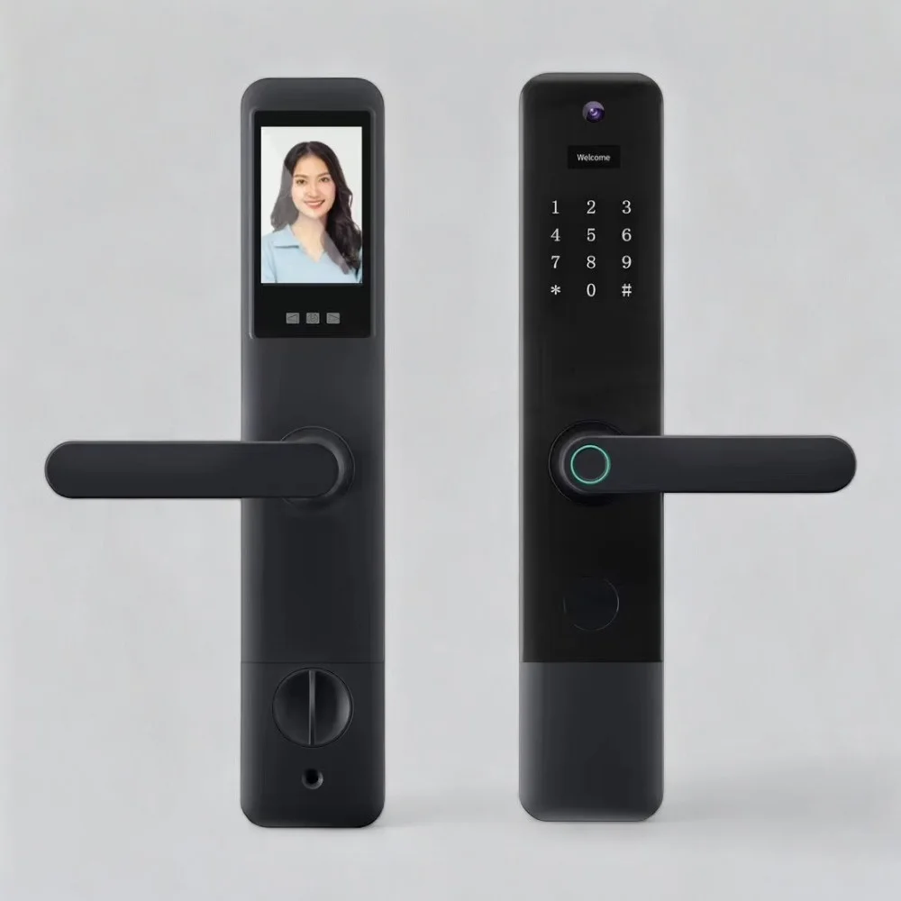 X2 fingerprint smart door lock with built-in HD camera, biometric fingerprint scanner, touchscreen keypad, and Tuya app control.