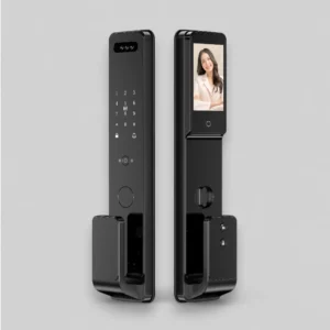 V8 face recognition smart door lock with touchscreen, fingerprint scanner, and Tuya app compatibility