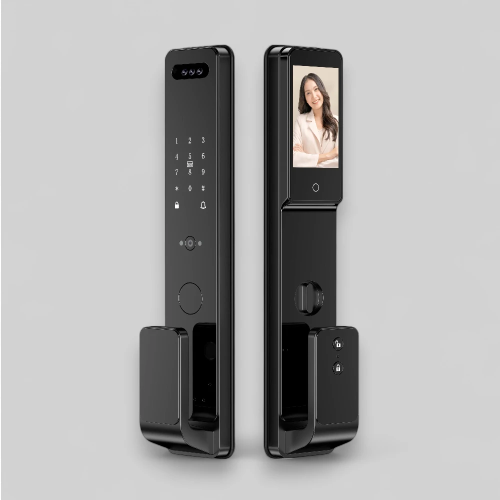 V8 face recognition smart door lock with touchscreen, fingerprint scanner, and Tuya app compatibility